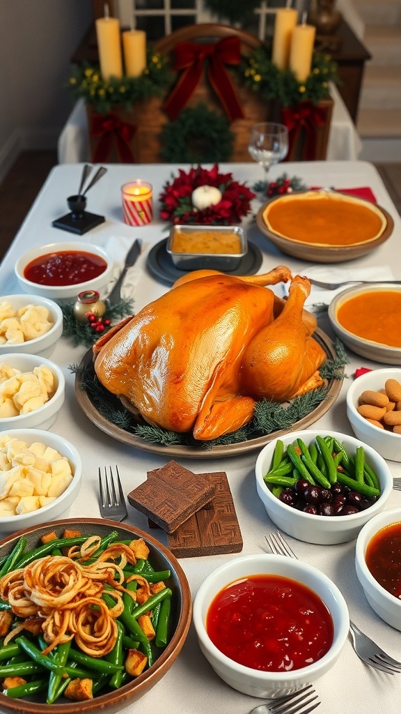 A festive Christmas dinner table with roast turkey, mashed potatoes, green bean casserole, cranberry sauce, and pumpkin pie.